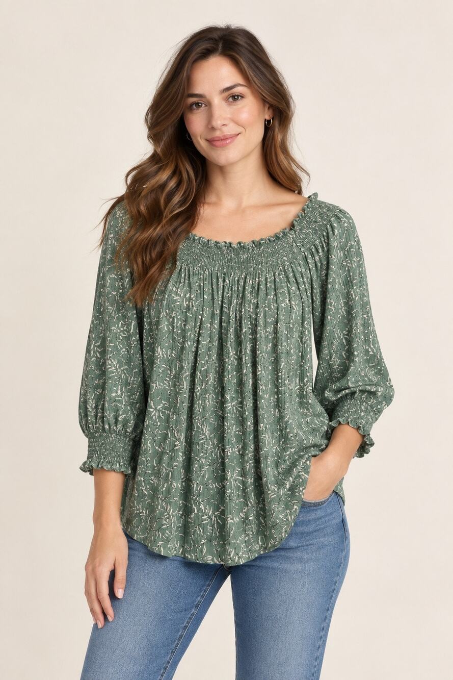Melloday Green Floral Smocked Peasant Blouse Size Large